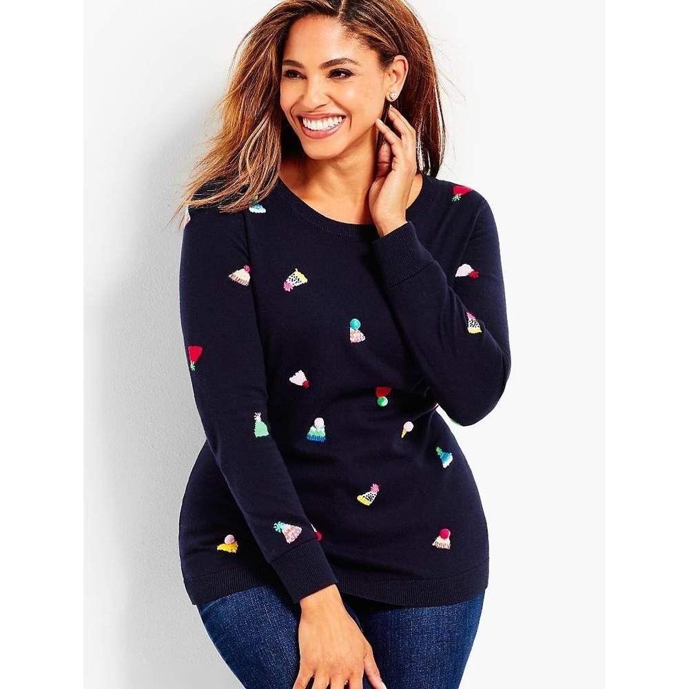 Talbots Petites Navy Blue Beaded Winter Hat Embroidered Sweater Large Petite